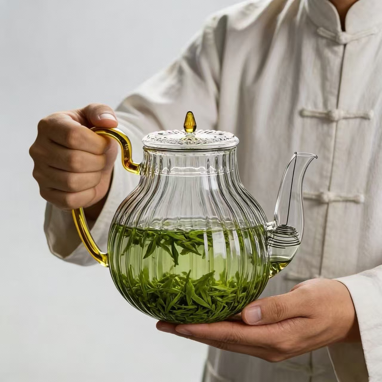 Nettle Leaf Tea - กาน้ำชาแก้วลายทางขนาด 700 มล. พร้อมตัวกรอง ทนความร้อน ใช้สำหรับชาใบชา